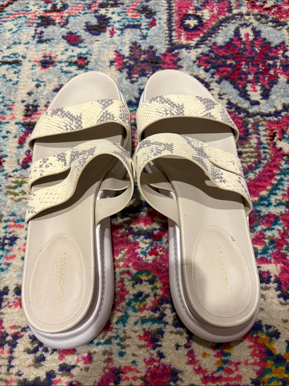 Cole Haan Cream and Gray Snake-Print Dual-Strap Slide Sandals